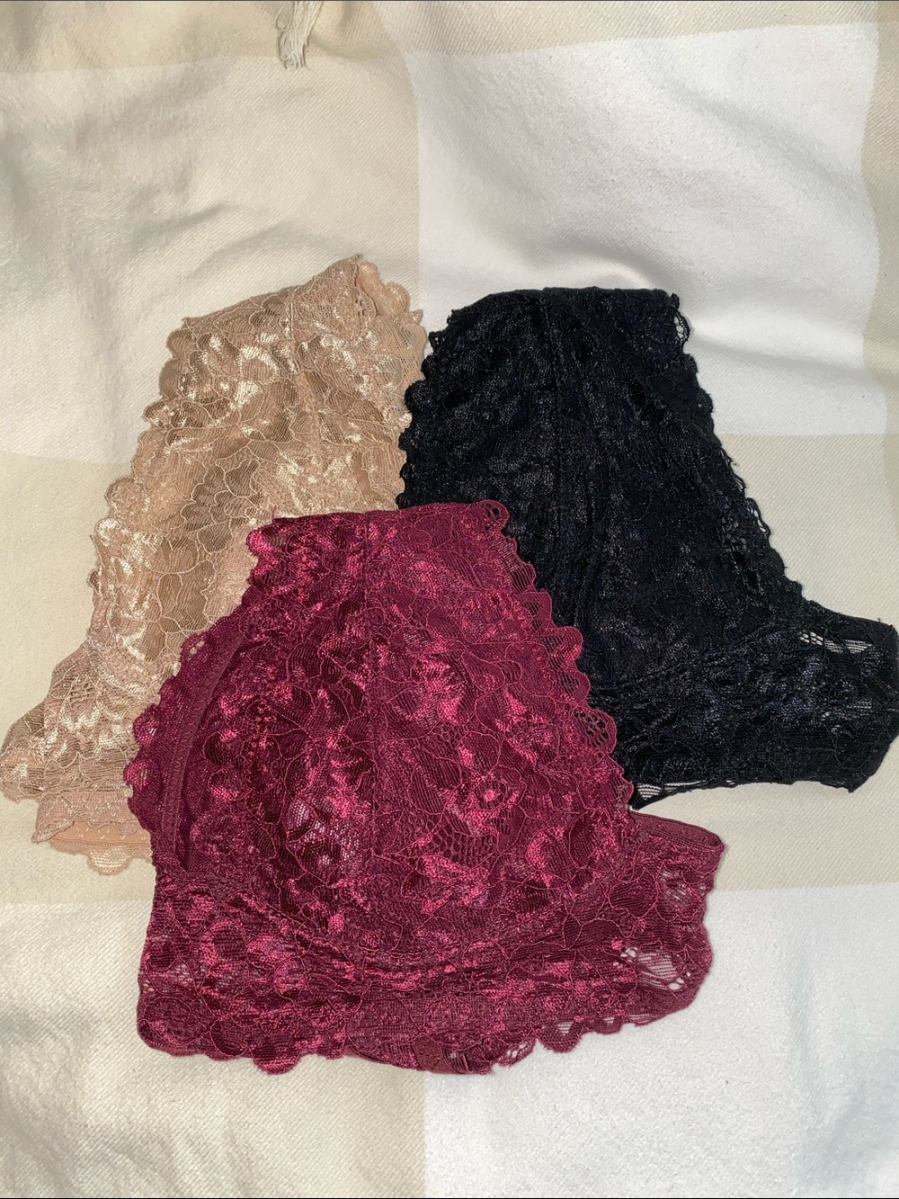 Yelete Lace Bralette Trio in Burgundy, Black & Nude